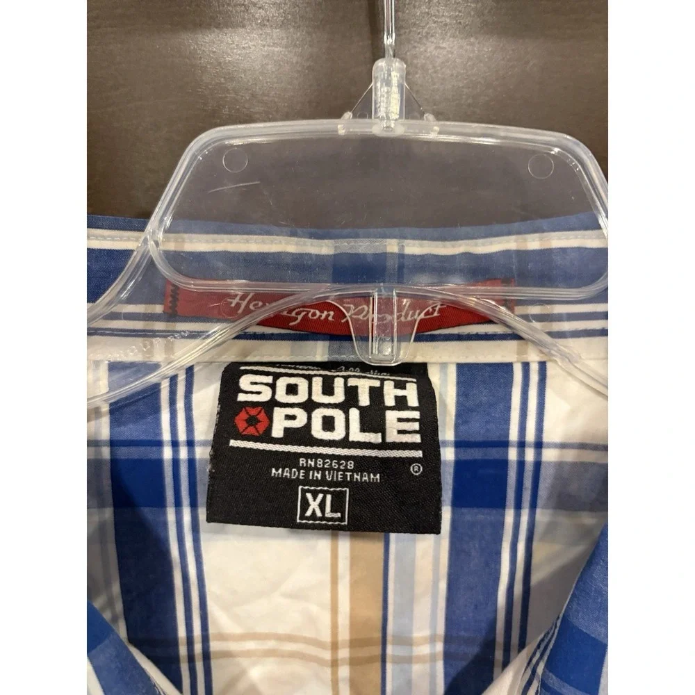 South Pole Men's XL Blue Tan Plaid Button Up Shirt Short Sleeve 100% Cotton Y2K
